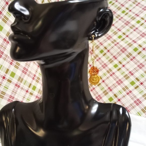 Steel Handmade Hand Crafted Leaf & Rose Beaded Dangle Earrings #55 - Picture 3 of 14